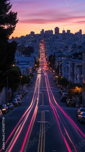 City street, sunset, light trails, parked cars, uphill.