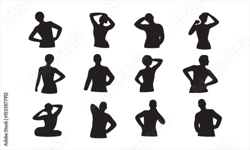 A set of twelve black silhouette figures, showcasing different body positions and postures, Collection of Black Silhouette Figures in Various Poses vector art on white