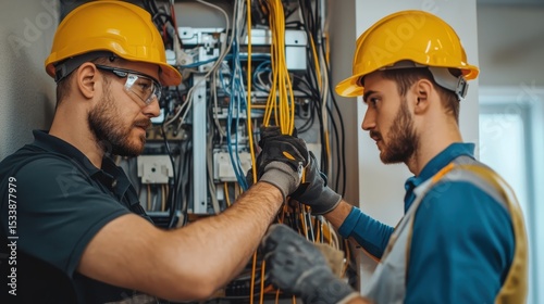Two Electricians Working Together on Electrical Wiring Installation