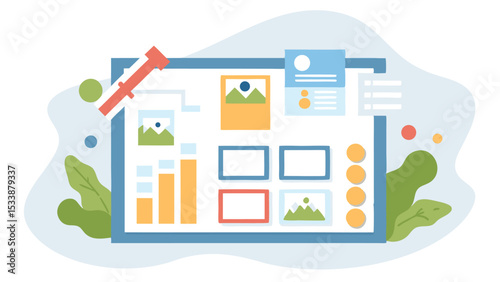 Illustration of a dashboard with charts images and user profile interface elements displayed clearly