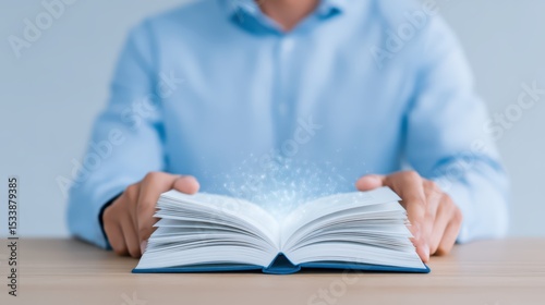 Magical book with glowing pages held by person in blue shirt against blurred background, symbolizing knowledge and imagination