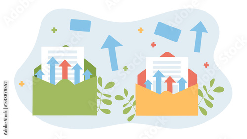 Two envelopes with upward arrows and documents on a light blue background with leaves and shapes