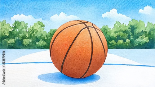 Bright and Colorful Basketball in a Sunny Outdoor Court with Blue Sky and Green Trees in Background