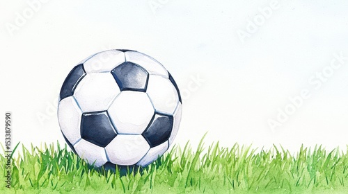 A Detailed Illustration of a Classic Soccer Ball Resting on Vibrant Green Grass Against a Clear Sky Background