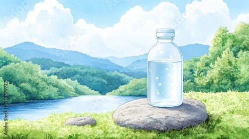 Clear Water Bottle on Rock by Serene River with Lush Green Landscape and Majestic Mountains in Background Under Bright Sky