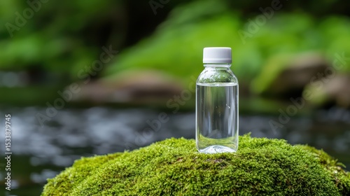 Clear Water Bottle on Mossy Stone in Tranquil Stream Surrounded by Lush Greenery in Nature Setting