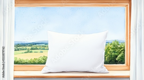 Cozy Window Scene with Scenic Landscape View and Blank Pillow for Customizable Decor Inspiration