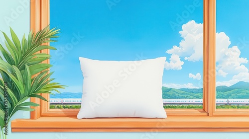 Cozy Window Scene with White Pillow and Scenic Outdoor View Featuring Green Mountains and Blue Sky