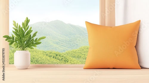Cozy Interior Scene with Orange Pillow and Green Plant Overlooking Scenic Mountain View