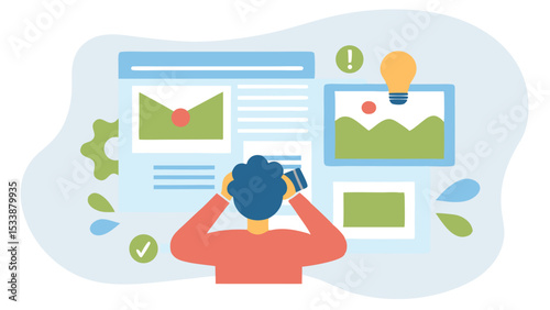 Person viewing a screen with images, text, and a lightbulb icon, appearing stressed and overwhelmed