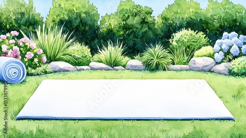 Serene Outdoor Yoga Space with Smooth Mat Surrounded by Lush Greenery and Colorful Flowers for Relaxation and Wellness