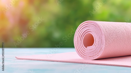 Rolled Pink Yoga Mat on Wooden Surface with Blurred Green Background for Fitness and Wellness Concept