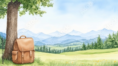 Serene Landscape with Leather Backpack Against a Majestic Mountain View in Watercolor Style for Nature Lovers and Adventure Seekers