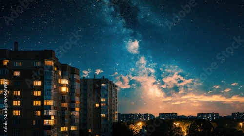 Apartment building glowing under the night sky. stock photo --ar 16:9 --raw --v 6 Job ID: 9cb0e1b9-8664-4627-91a0-c7e444e482d6