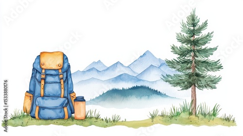 Scenic Watercolor Illustration of a Backpack, Mountain Landscape, and Pine Tree for Adventure Themes