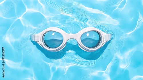 Swimming Goggles Floating on Sparkling Blue Water Surface in a Summer Pool Environment
