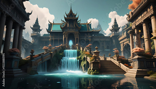 The fountain at night illuminates the ancient Thai temple architecture of Wat Phra Kaew in Bangkok, a landmark of Asian religion and culture