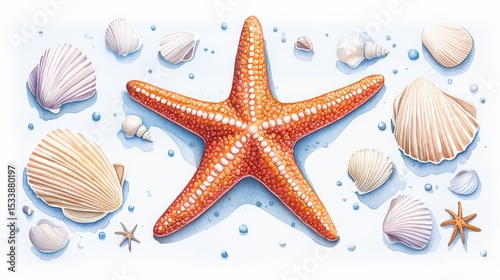 Colorful Starfish Surrounded by Seashells on Sandy Beach Background Capturing Coastal Marine Life Beauty