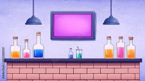 Colorful Laboratory Setup with Various Glass Bottles and Empty Screen for Display Purposes