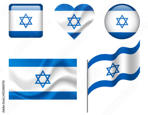 Israel flag set of icons. Vector flag of Israel, symbol. Set of Israel flags button, waved, heart