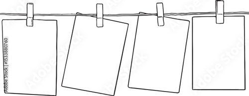 Hand-drawn illustration featuring blank square papers or photos hanging on a string with clothespins. This versatile doodle element is perfect for designs related to memories, gallery displays.