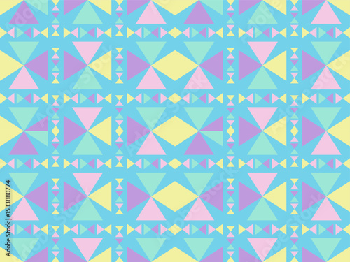 A colorful geometric pattern of triangles and diamonds in pastel shades of blue, pink, green, and yellow, arranged in a symmetrical, repeating design.