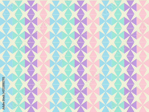 A pastel geometric pattern featuring stars and pinwheels in shades of purple, pink, blue, and cream arranged in vertical stripes.