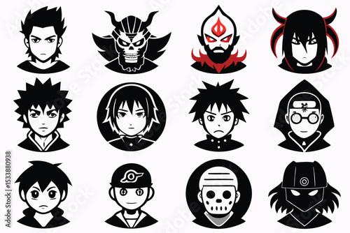 Black and white anime character heads collection in various styles and designs vector art