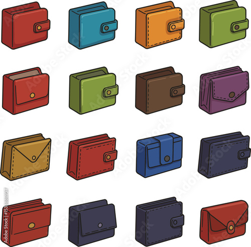 Stylish Trifold Wallet Vector Illustration Set – Diverse Modern Money Holders, Colorful Leather Designs, Finance Accessories, Business and Casual Essentials.