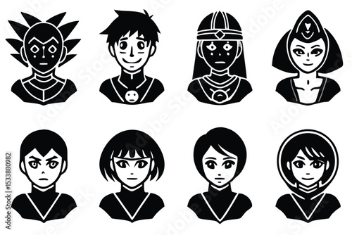 Black and white cartoon portraits of diverse characters with unique hairstyles and accessories