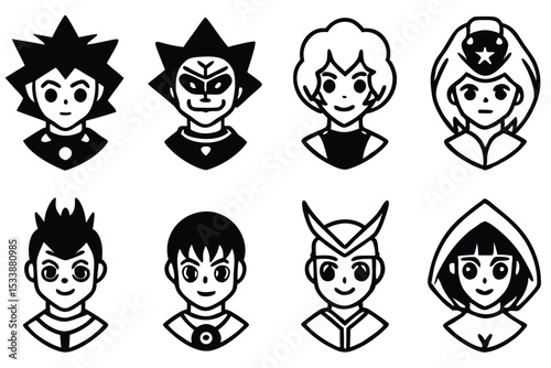 Black and white cartoon portraits of diverse comic book characters with unique hairstyles