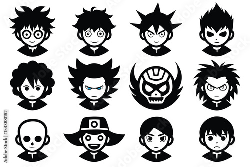 Collection of black and white cartoon characters in various anime and manga styles