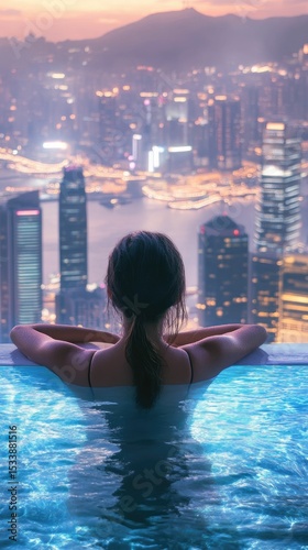 Woman relaxes in rooftop pool, city lights below.