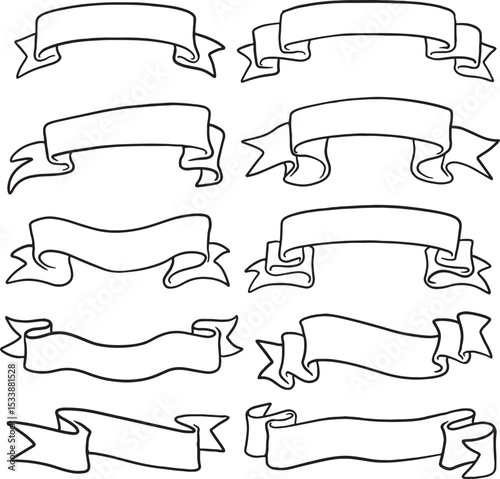 Hand-drawn blank ribbon banners and scrolls in various dynamic and elegant styles. These versatile doodle elements are perfect for adding titles, text, decorative borders.