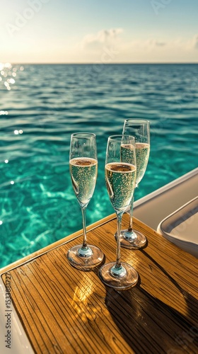 Three drinks, ocean view, wooden surface.