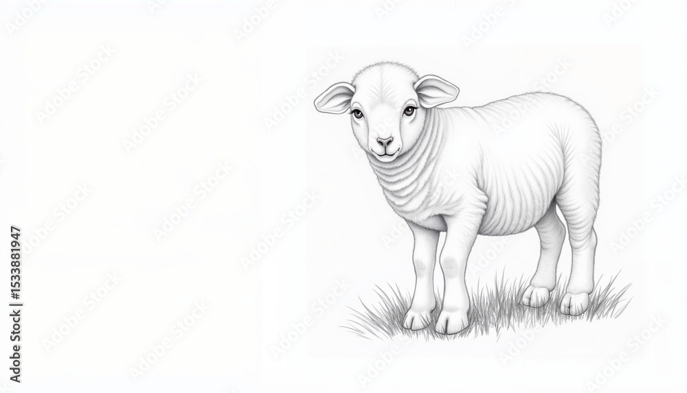 Fototapeta premium Cute lamb standing in green grass on a white background