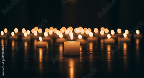 Candlelight Glowing Warmly on Dark Surface with Multiple Blurred Lights