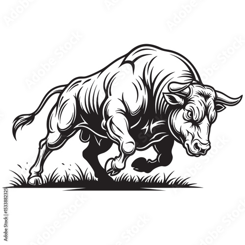 Dynamic black and white vector of an aggressive bull charging forward on grass. Perfect for logos, sports teams, tattoos, or merchandise. Animals.