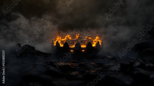 Iron crown floating amid black mist, glowing eyes peering from cracked stone ruins, surrounded by an ominous aura