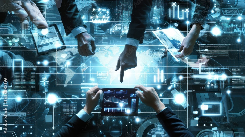 Fototapeta premium Corporate team using technology to collaborate stock photo --ar 16:9 --raw --v 6 Job ID: 61287250-4b29-460e-be3a-6cd89fd7f27c