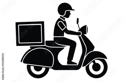 Black and White Silhouette of Delivery Man on Scooter with Box for Shipping