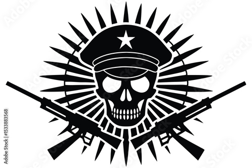 Black and White Skull with Military Cap and Assault Rifles Illustration
