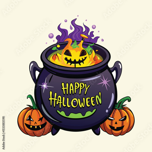 halloween pumpkin in a black pot, Happy Halloween with pumpkins and cauldron
