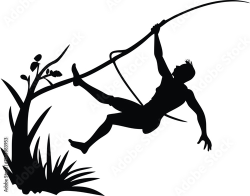 Black Silhouette Man Swinging on Vine Near Tree, Jungle Adventure Illustration