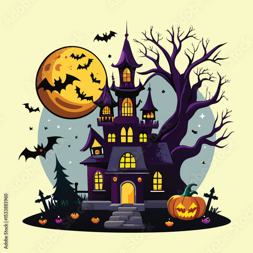 Spooky Halloween Haunted House with Bats and Pumpkin