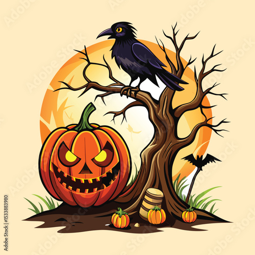 Spooky Halloween Scene Jack o' Lantern, Crow, and Dead Tree