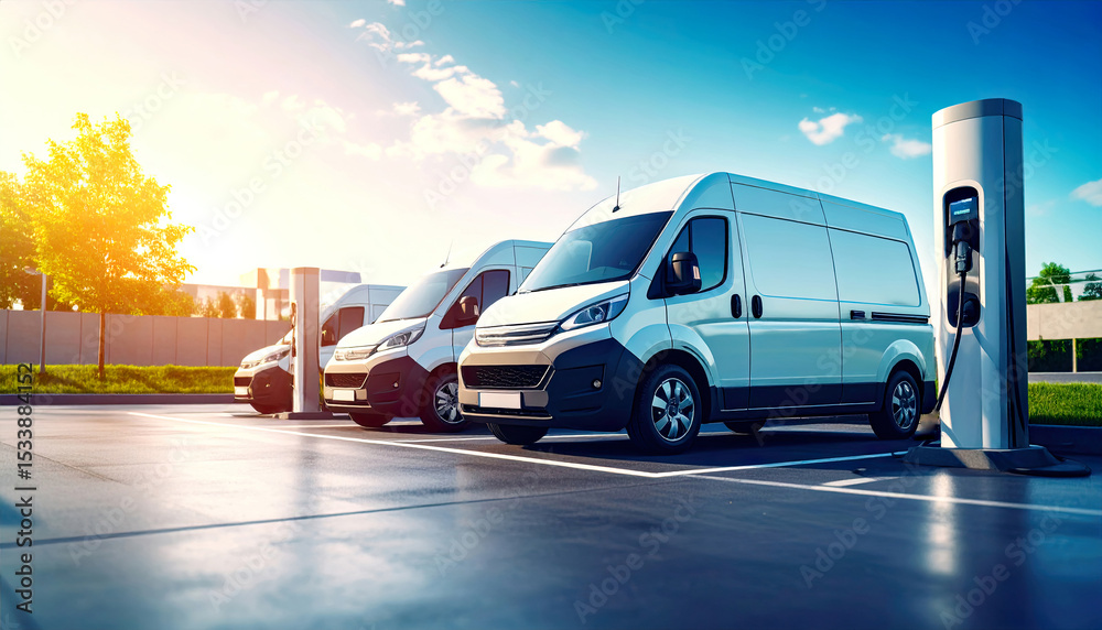Obraz premium A fleet of generic electric vans or minibuses lined up in a large depot 
