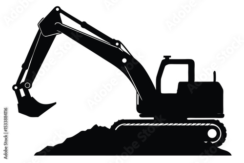 Black Silhouette of Excavator at Work Digging Soil on a White Background