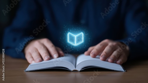 Hands on Open Book with Digital Icon of Book Floating Above, Representing Knowledge and Learning Concepts