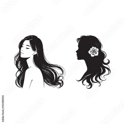  Woman Face Silhouette Vector Illustration with Flowing Long Hair .